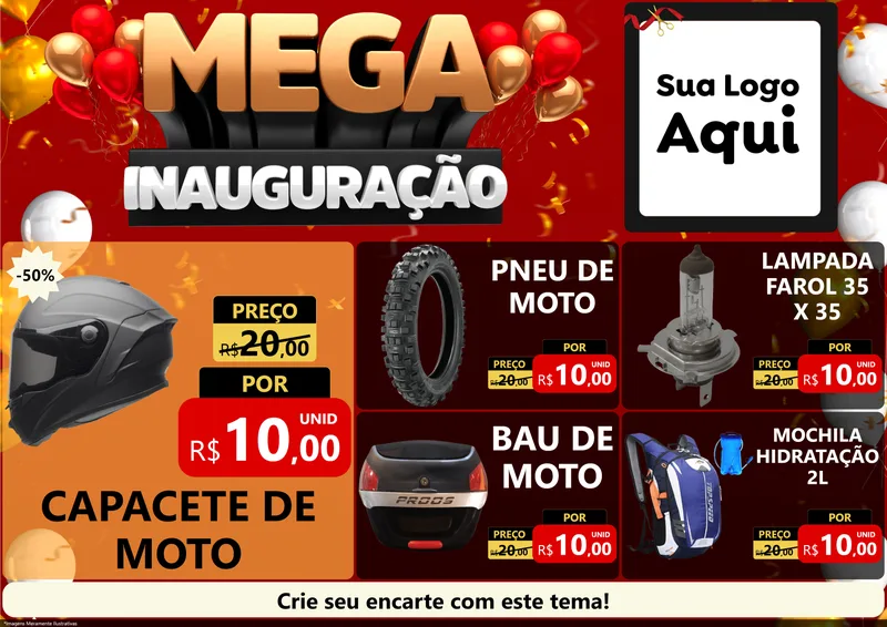 Modelo de Encarte para Encarte A4 Horizontal com o tema Mega Inauguração para Moto peças