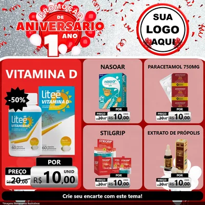 Modelo de Rede Social para Feed Facebook com o tema Promoção de Aniversário - 1 Ano para Farmácia