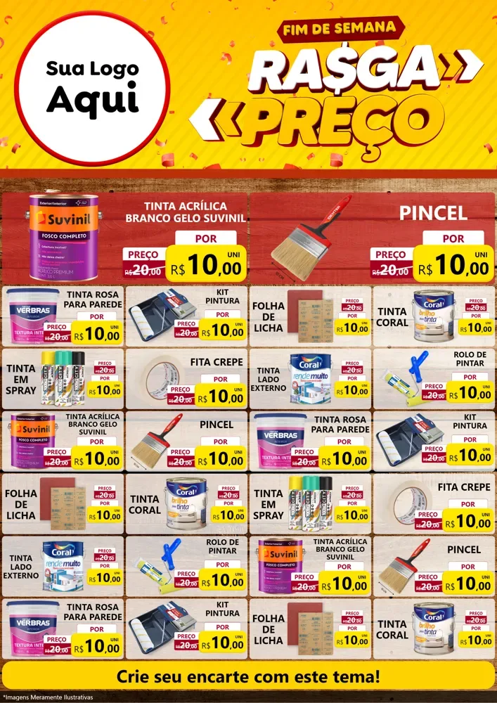 Modelo de Encarte para Encarte A4 Vertical com o tema Fim de Semana Rasga Preços para Tintas e Ferramentas