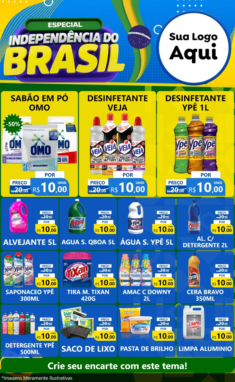 Modelo de Encarte para Encarte Grande com o tema Especial Independência do Brasil para Produtos de Limpeza