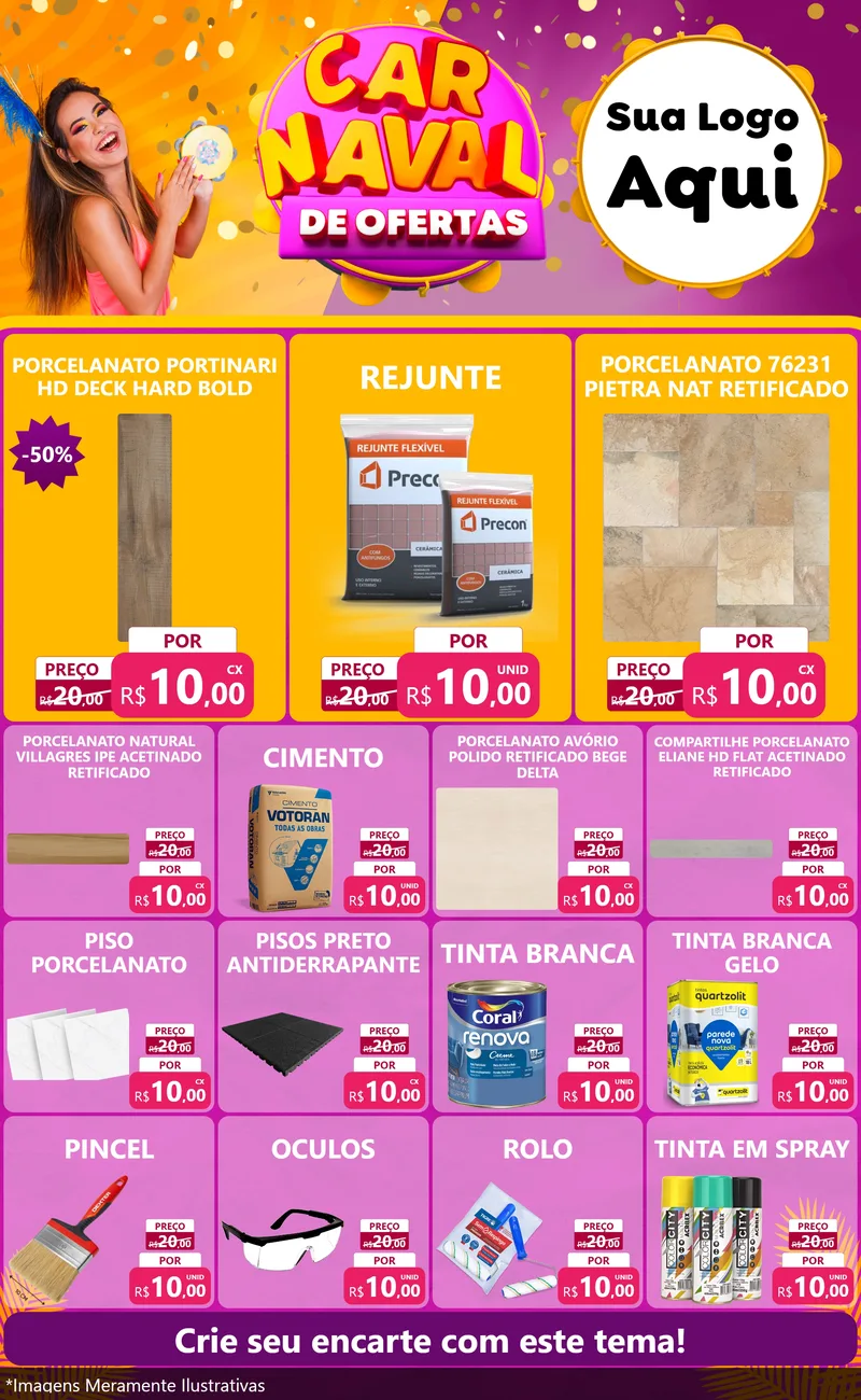 Modelo de Encarte para Encarte Grande com o tema Carnaval de Ofertas para Pisos e revestimentos