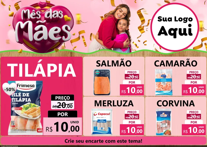 Modelo de Encarte para Encarte A4 Horizontal com o tema Mês das Mães para Peixaria