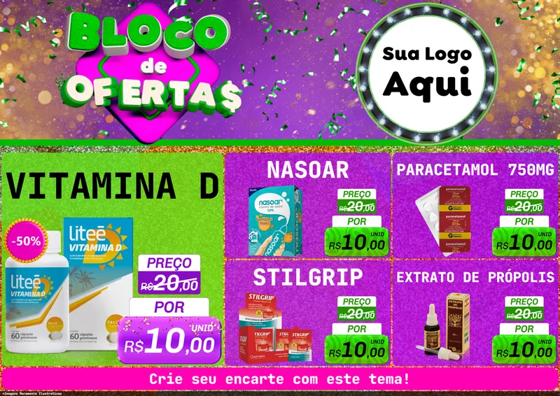 Modelo de Encarte para Encarte A4 Horizontal com o tema Bloco de Ofertas para Farmácia