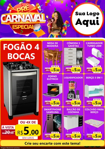 Modelo de Encarte para Encarte A4 Vertical com o tema Pré-Carnaval Especial para Móveis e Eletro