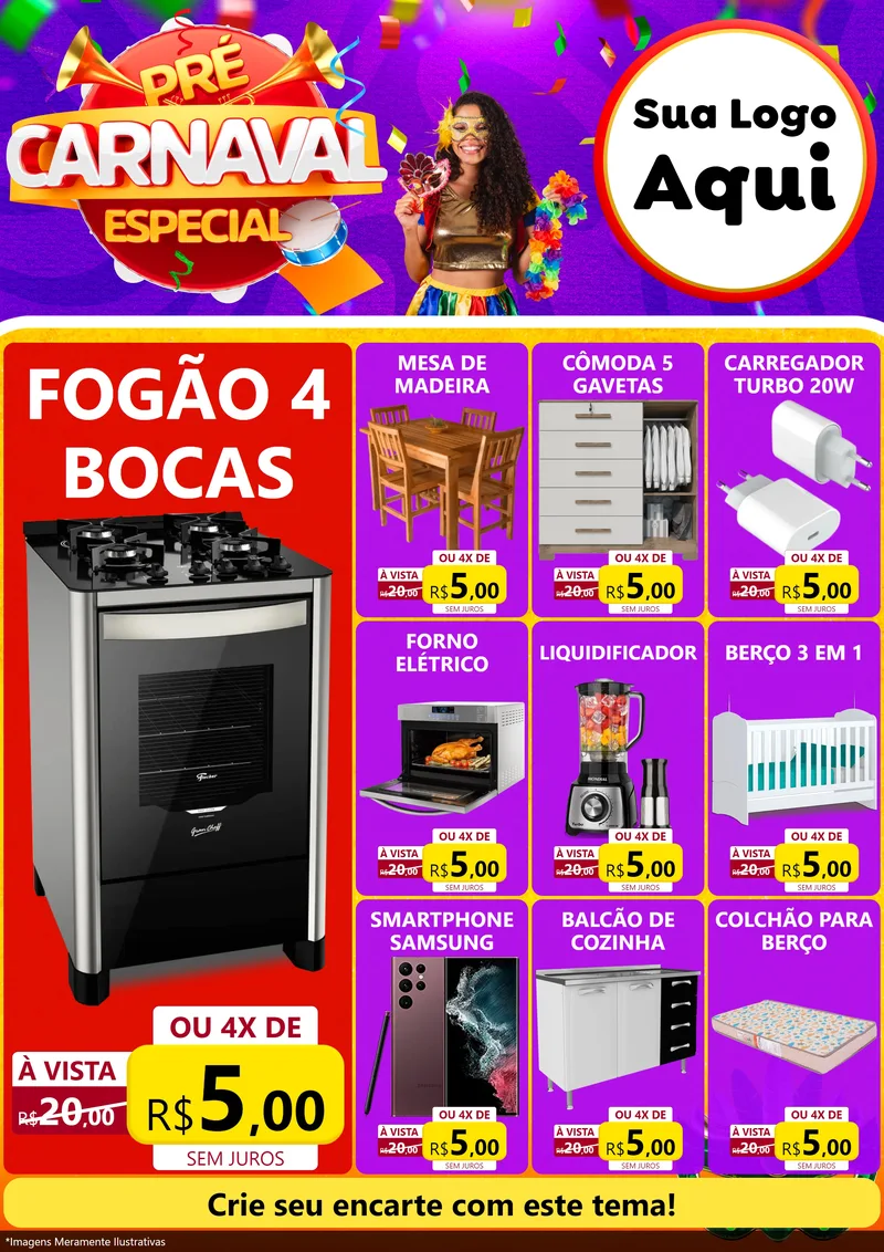 Modelo de Encarte para Encarte A4 Vertical com o tema Pré-Carnaval Especial para Móveis e Eletro