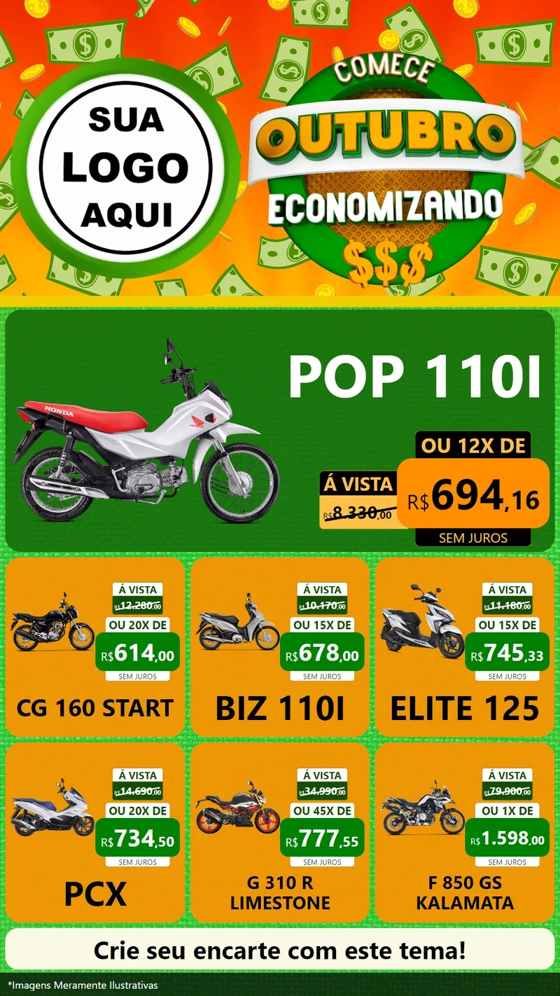 Modelo de Rede Social para Stories com o tema Comece Outubro Economizando para Concessionaria de Motos