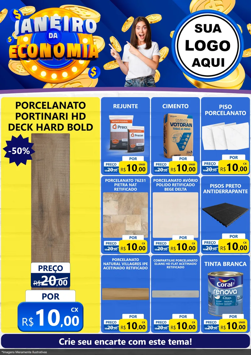 Modelo de Encarte para Encarte A4 Vertical com o tema Janeiro da Economia para Pisos e revestimentos