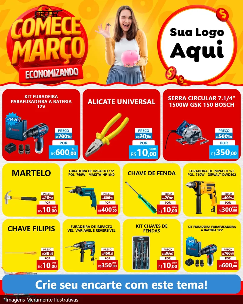 Modelo de Rede Social para Feed Instagram com o tema Comece Março Economizando para Maquinas e Ferramentas
