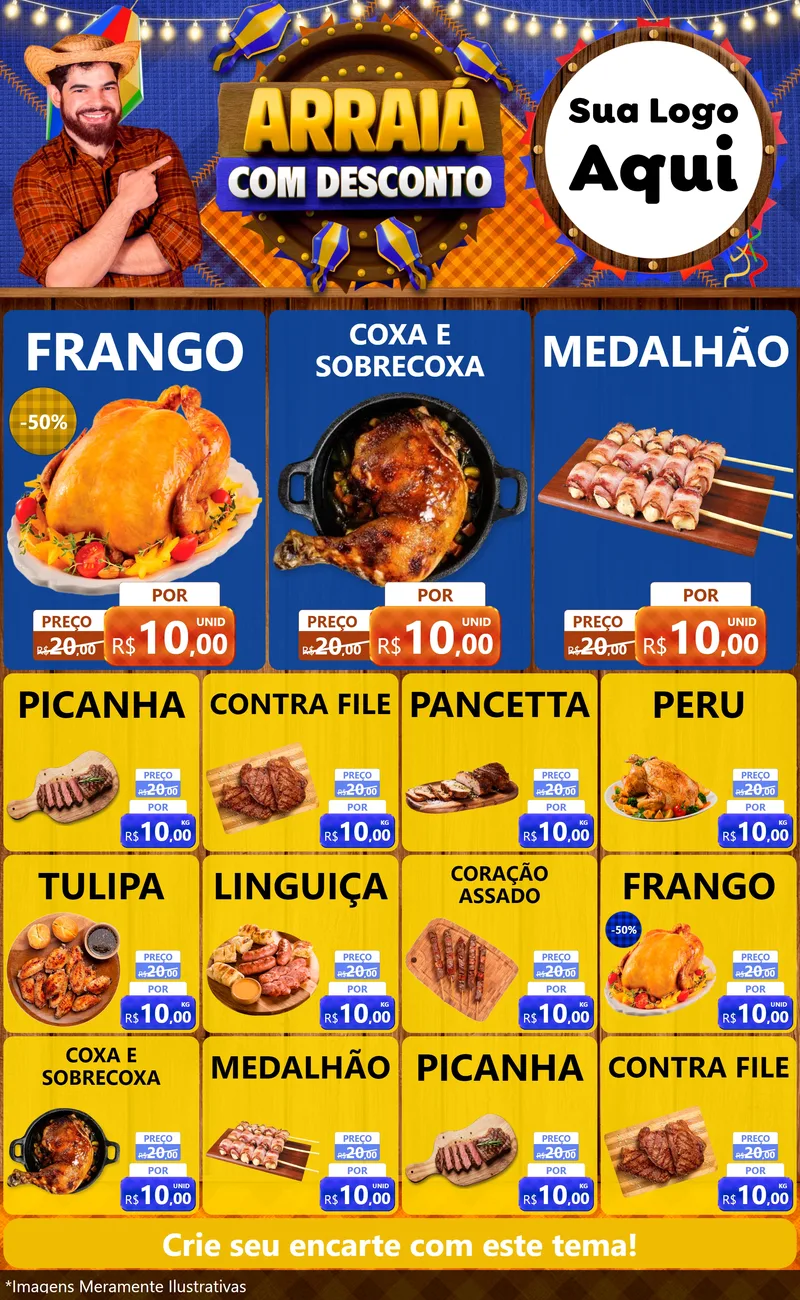 Modelo de Encarte para Encarte Grande com o tema Arraiá Com Desconto para Assados