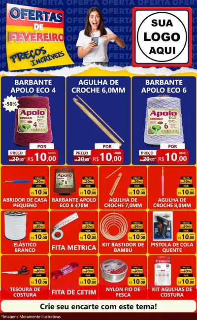 Modelo de Encarte para Encarte Grande com o tema Ofertas de Fevereiro - Preços Incríveis para Armarinho e Aviamentos