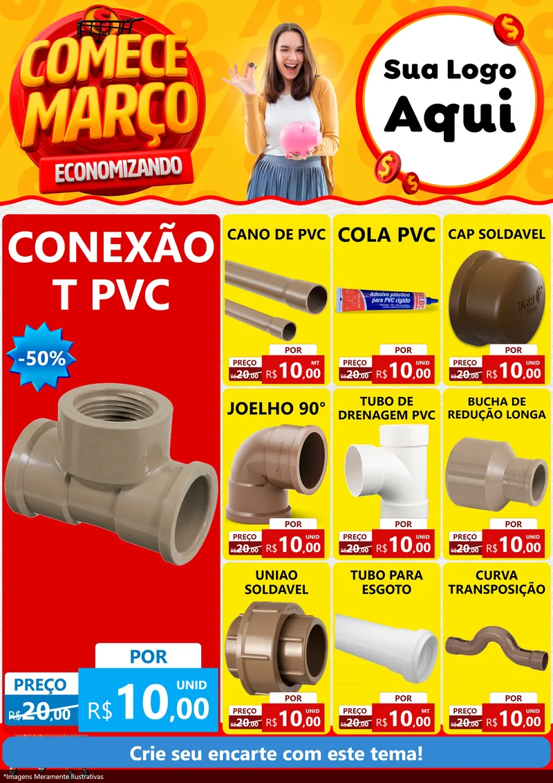 Modelo de Encarte para Encarte A4 Vertical com o tema Comece Março Economizando para Tubos e conexões