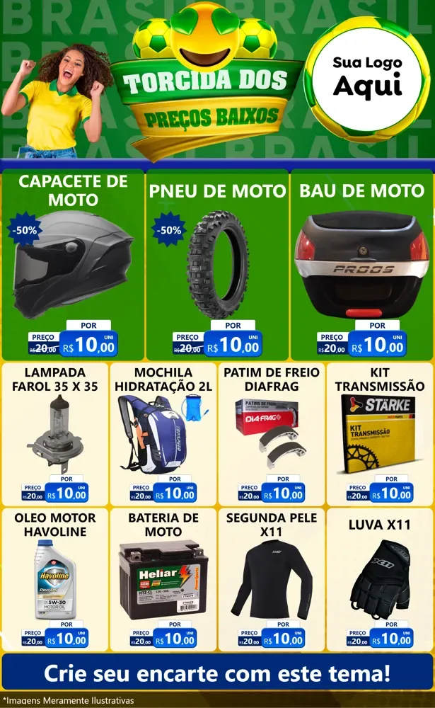 Modelo de Encarte para Encarte Grande com o tema Torcida dos Preços Baixos - Copa para Moto peças