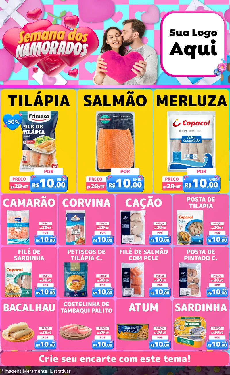 Modelo de Encarte para Encarte Grande com o tema Semana dos Namorados para Peixaria
