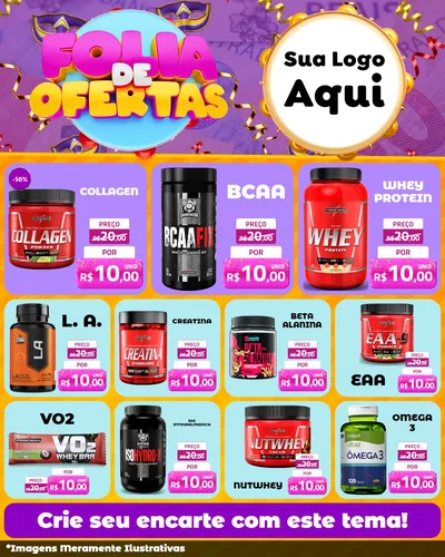 Modelo de Rede Social para Feed Instagram com o tema Folia de Ofertas para Suplementos alimentares
