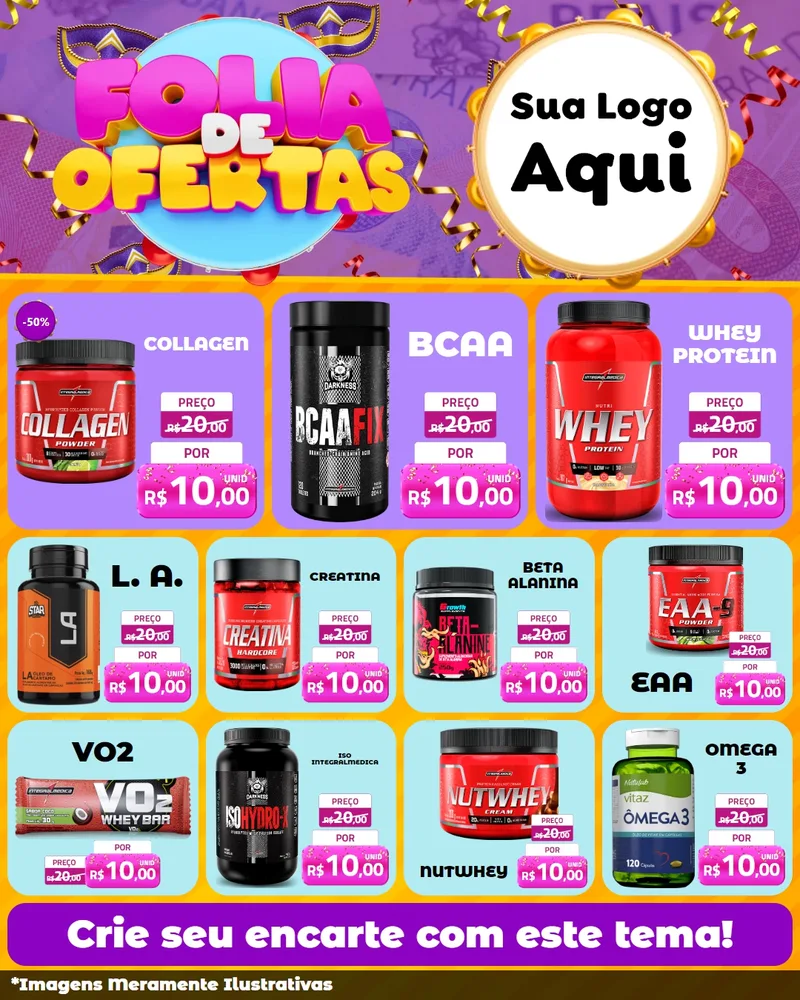 Modelo de Rede Social para Feed Instagram com o tema Folia de Ofertas para Suplementos alimentares