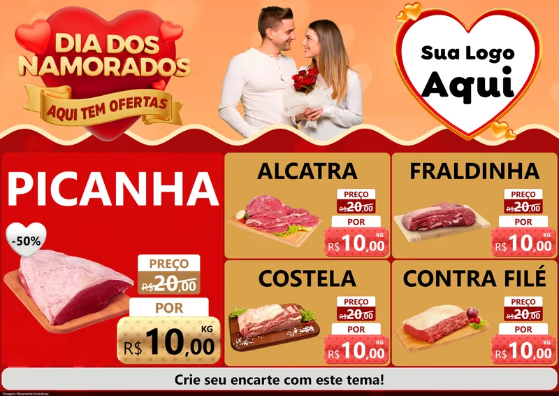 Modelo de Encarte para Encarte A4 Horizontal com o tema Dia dos Namorados - Aqui Tem Ofertas para Açougue