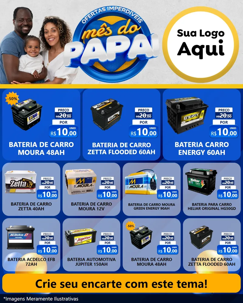 Modelo de Rede Social para Feed Instagram com o tema Ofertas Imperdíveis Mês Do Papai para Baterias Elétricas