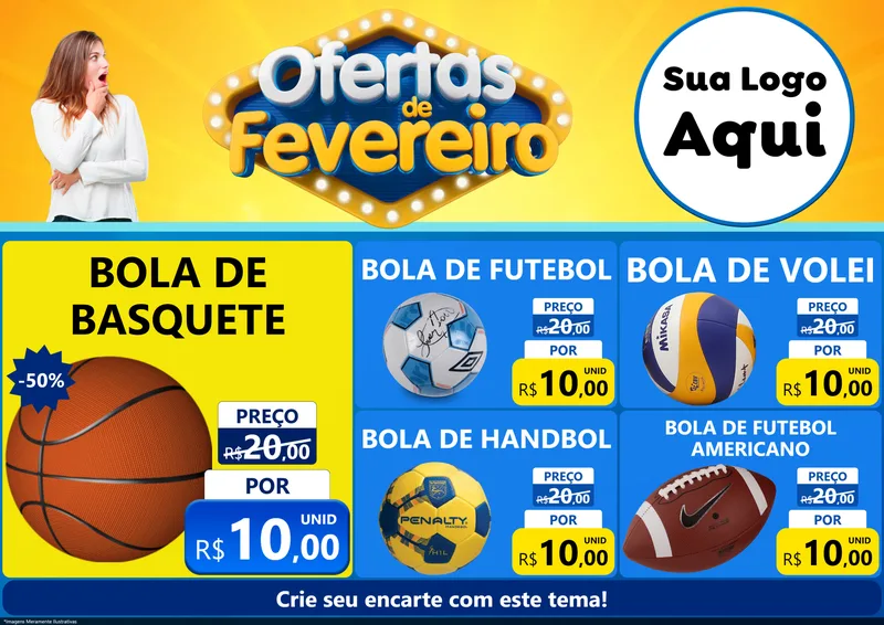Modelo de Encarte para Encarte A4 Horizontal com o tema Ofertas de Fevereiro para Artigos Esportivos
