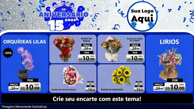 Modelo de TV para TV Horizontal com o tema Promoção de Aniversário - 15 Anos para Floricultura e jardim
