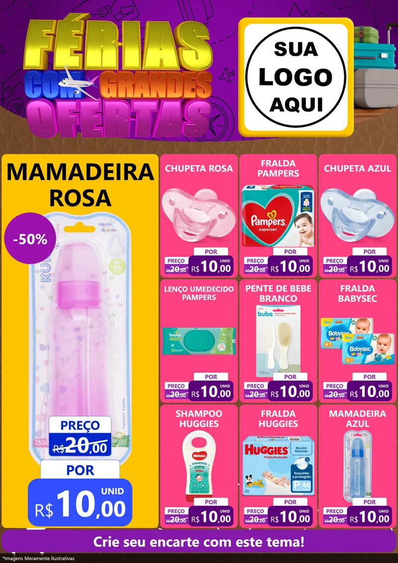 Modelo de Encarte para Encarte A4 Vertical com o tema Férias com Grandes Ofertas para Bebês