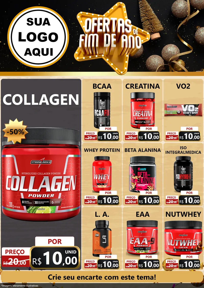 Modelo de Encarte para Encarte A4 Vertical com o tema Ofertas de Fim de Ano para Suplementos alimentares
