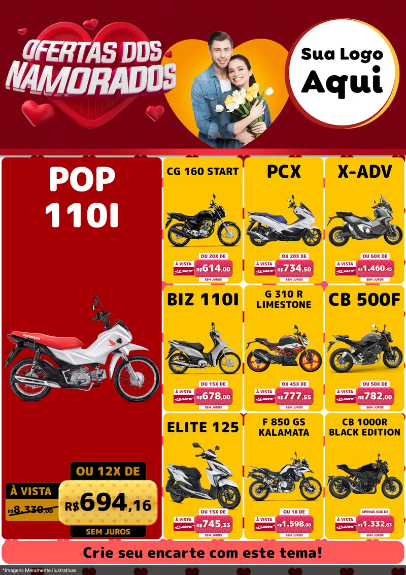 Modelo de Encarte para Encarte A4 Vertical com o tema Ofertas Dos Namorados para Concessionaria de Motos