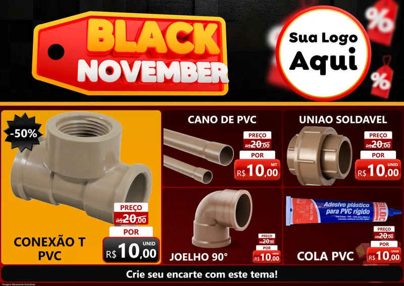 Modelo de Encarte para Encarte A4 Horizontal com o tema Black November para Tubos e conexões