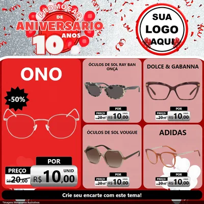 Modelo de Rede Social para Feed Facebook com o tema Promoção de Aniversário - 10 Anos para Óticas