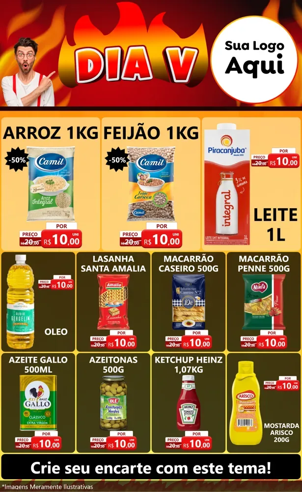 Modelo de Encarte para Encarte Grande com o tema Dia V para Supermercado