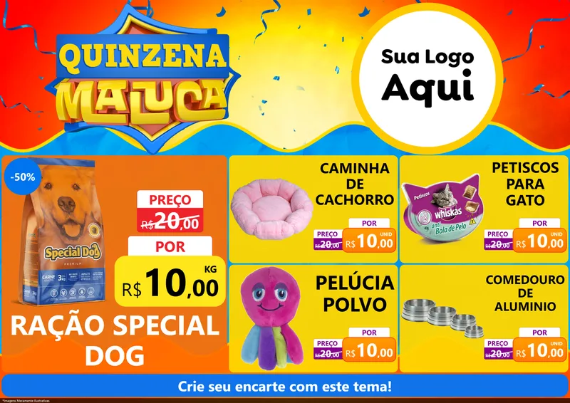 Modelo de Encarte para Encarte A4 Horizontal com o tema Quinzena Maluca para Pet Shop