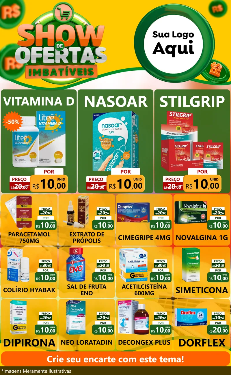 Modelo de Encarte para Encarte Grande com o tema Show de Ofertas Imbatíveis para Farmácia