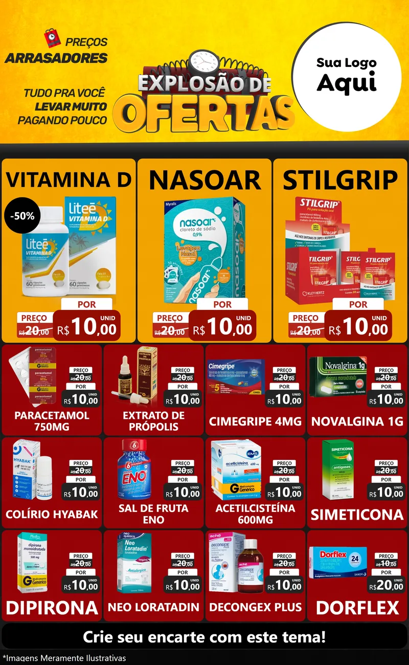 Modelo de Encarte para Encarte Grande com o tema Explosão de Ofertas para Farmácia