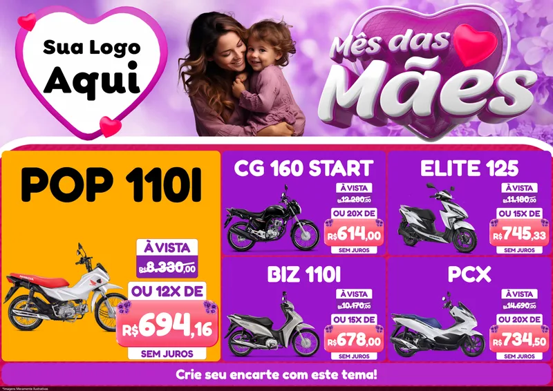 Modelo de Encarte para Encarte A4 Horizontal com o tema Mês das Mães para Concessionaria de Motos