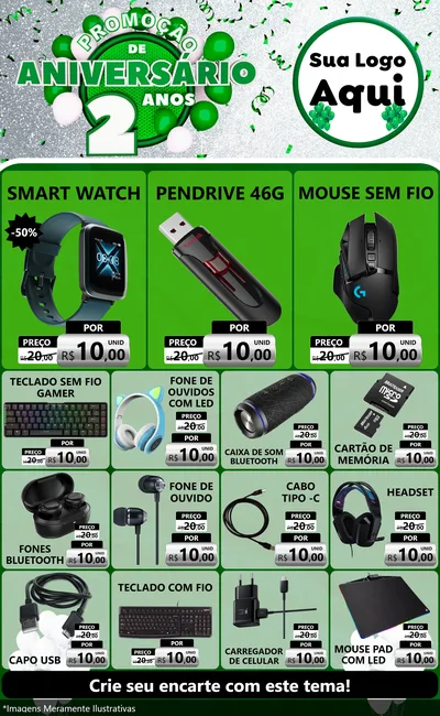 Modelo de Encarte para Encarte Grande com o tema Promoção de Aniversário - 2 Anos para Informática