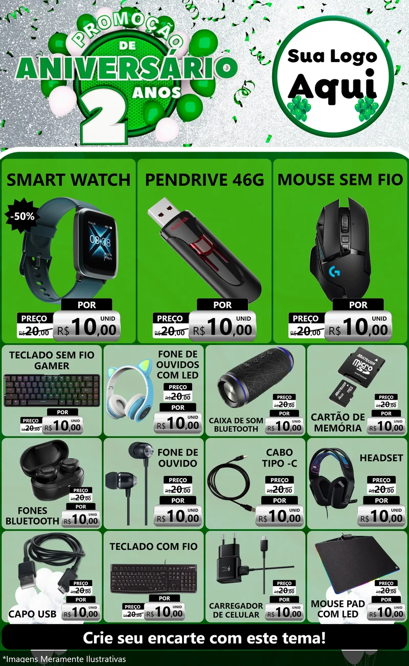 Modelo de Encarte para Encarte Grande com o tema Promoção de Aniversário - 2 Anos para Informática