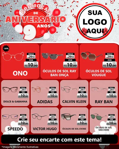 Modelo de Rede Social para Feed Instagram com o tema Promoção de Aniversário - 9 Anos para Óticas