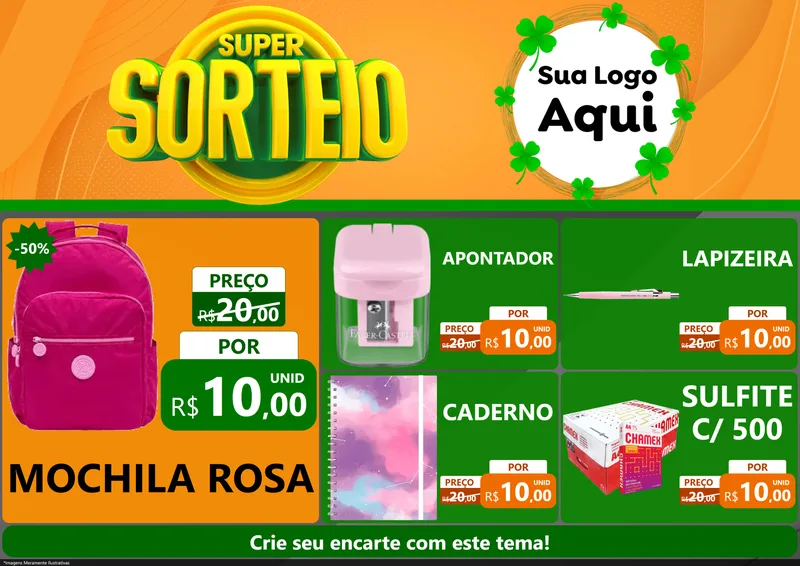 Modelo de Encarte para Encarte A4 Horizontal com o tema Super Sorteio para Papelaria