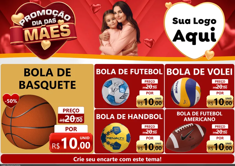 Modelo de Encarte para Encarte A4 Horizontal com o tema Promoção Dia das Mães para Artigos Esportivos