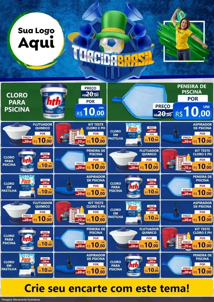 Modelo de Encarte para Encarte A4 Vertical com o tema Torcida Brasil - Copa para Produtos para Piscina