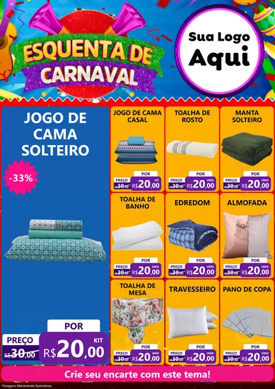 Modelo de Encarte para Encarte A4 Vertical com o tema Esquenta de Carnaval para Cama, Mesa e Banho