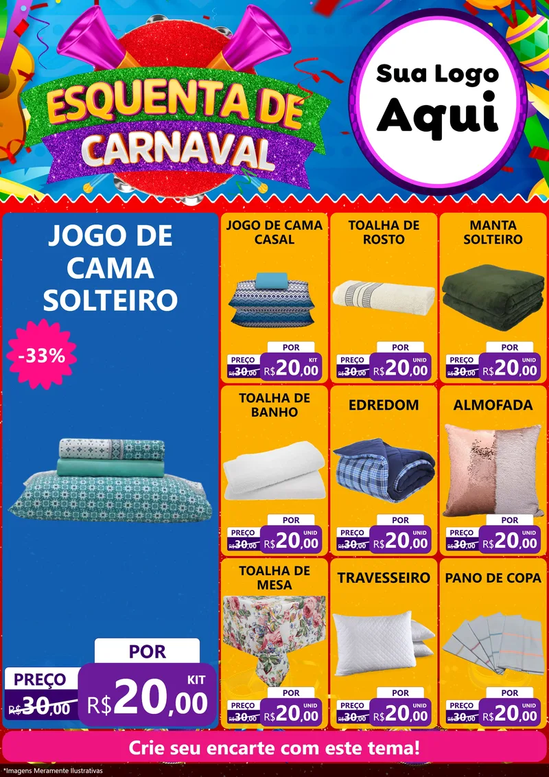 Modelo de Encarte para Encarte A4 Vertical com o tema Esquenta de Carnaval para Cama, Mesa e Banho
