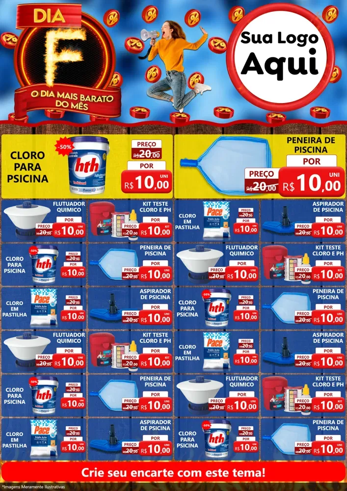 Modelo de Encarte para Encarte A4 Vertical com o tema Dia F - O Dia Mais Barato Do Mês para Produtos para Piscina