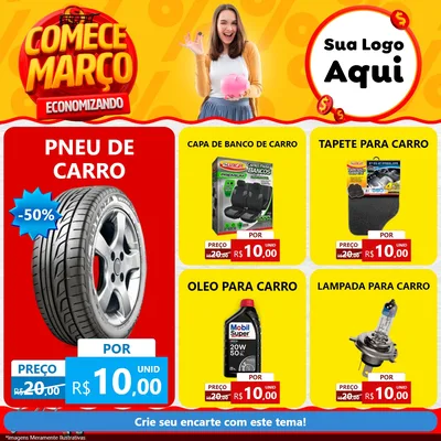 Modelo de Rede Social para Feed Facebook com o tema Comece Março Economizando para Auto peças