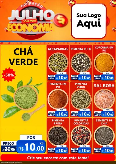 Modelo de Encarte para Encarte A4 Vertical com o tema Operação Julho Com Mais Economia para Produtos Naturais