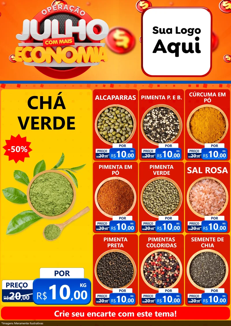 Modelo de Encarte para Encarte A4 Vertical com o tema Operação Julho Com Mais Economia para Produtos Naturais