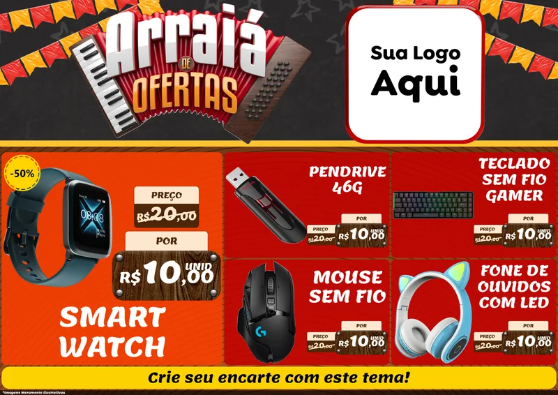 Modelo de Encarte para Encarte A4 Horizontal com o tema Arraiá de Ofertas - Junina para Informática