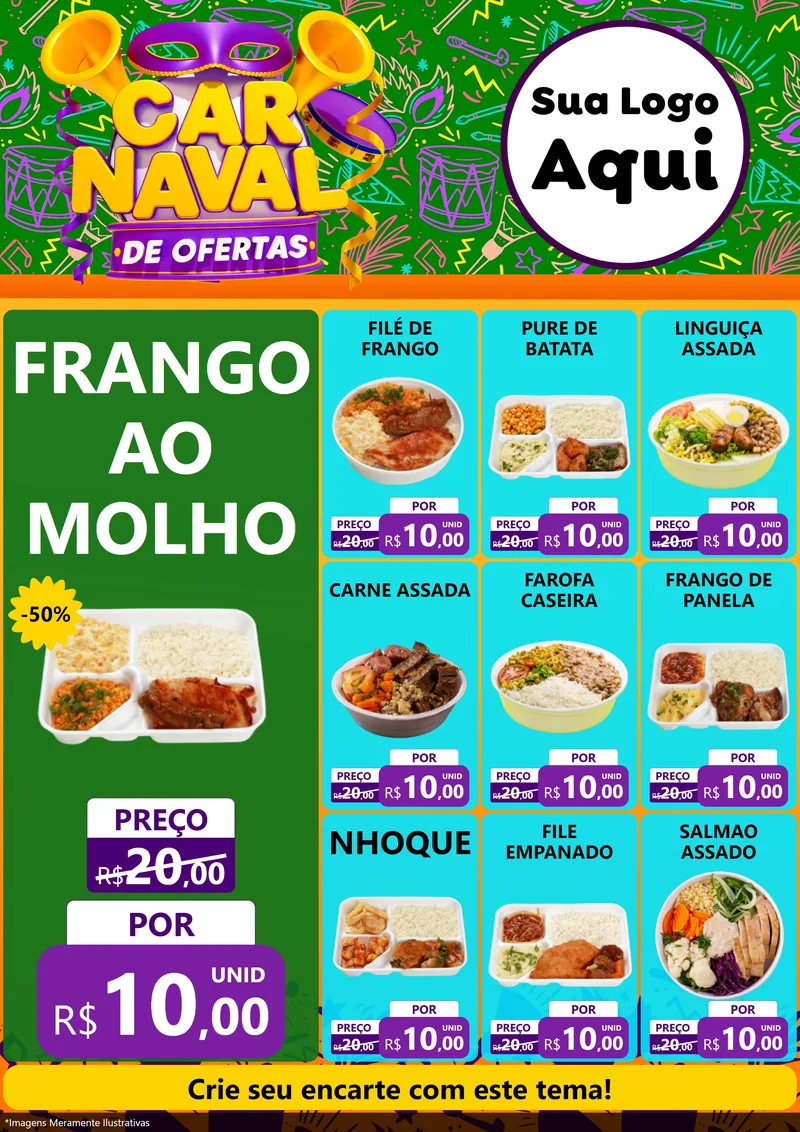 Modelo de Encarte para Encarte A4 Vertical com o tema Carnaval de Ofertas para Restaurante