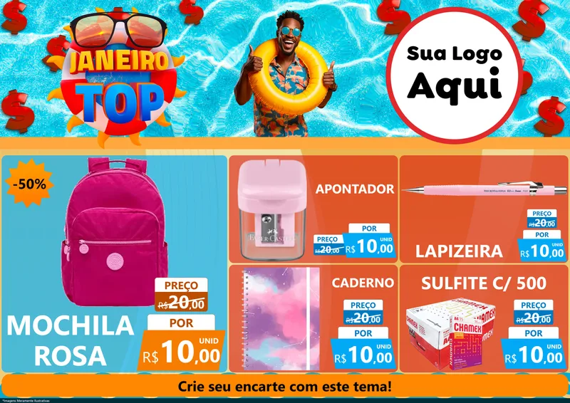 Modelo de Encarte para Encarte A4 Horizontal com o tema Janeiro Top para Papelaria