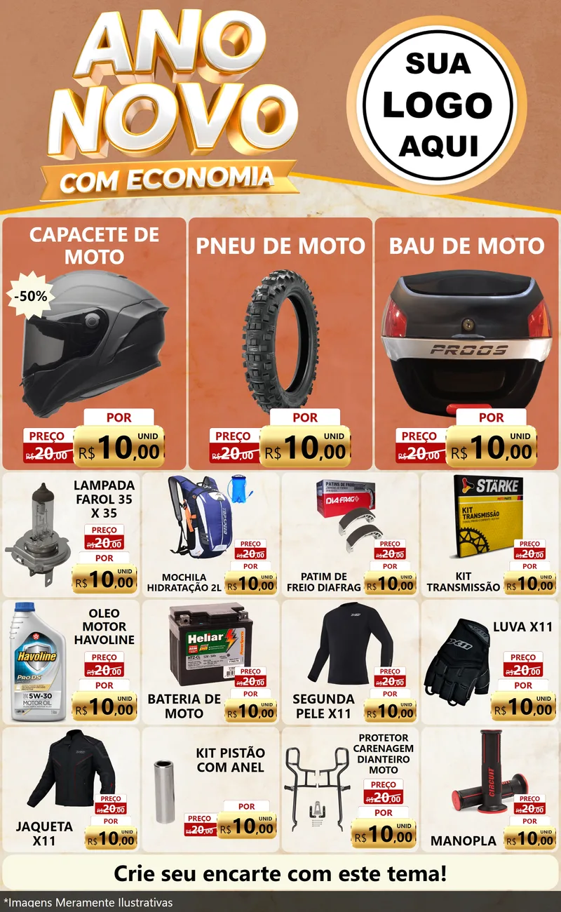 Modelo de Encarte para Encarte Grande com o tema Ano Novo Com Economia para Moto peças
