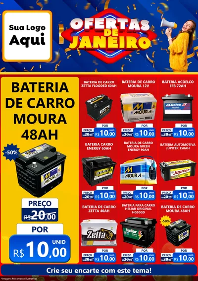 Modelo de Encarte para Encarte A4 Vertical com o tema Ofertas de Janeiro para Baterias Elétricas